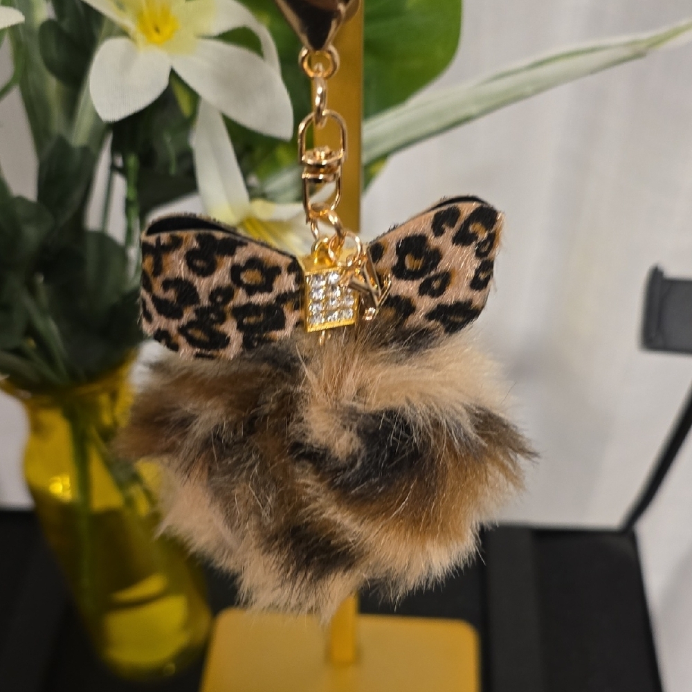 Leopard Print Fur Bag Charm w/ Louis Vuitton Pendant